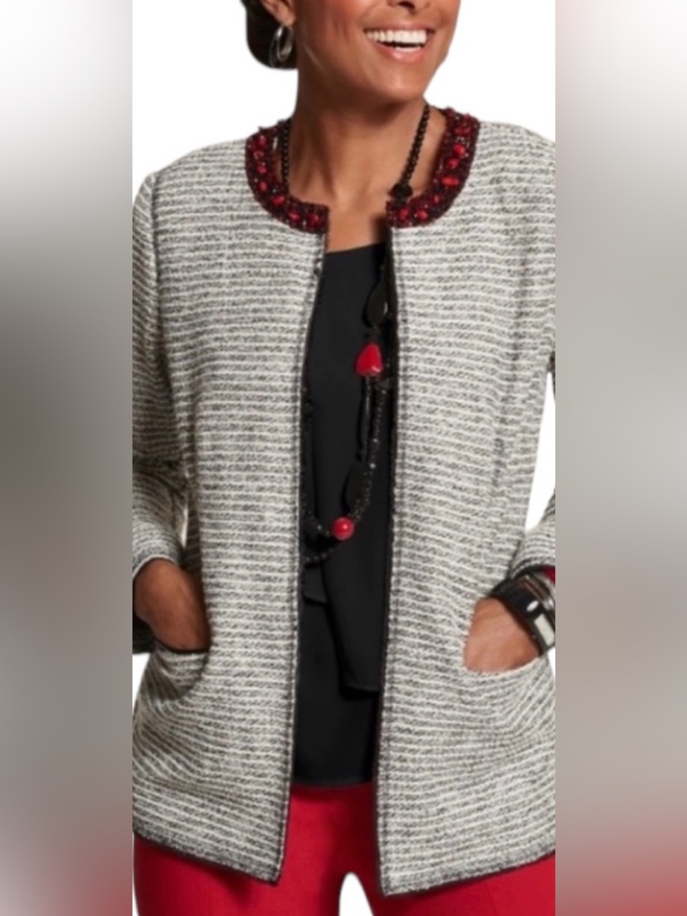 Chico’s Jacket/Blazer Black & White Tweed Embellished Neckline Open Front 2/L